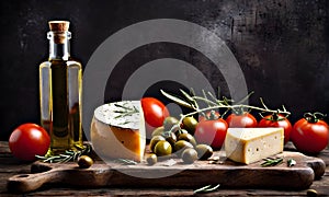Cheese tomatoes olives and a bottle of oil on a wooden table. Cheese with red tomatoes and olives on a wooden grunge background