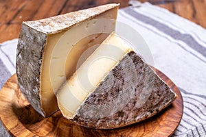 Cheese tomme de montagne or tomme de savoie made from cow milk in French Alps