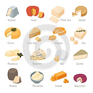 Cheese types collection, dairy products set of food