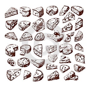 Cheese types ink sketch vector set. Brie camembert dor blue feta mozzarella suluguni ricotta mascarpone gorgonzola hard
