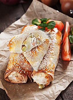 Cheese and vegetables phyllo pastry rolls