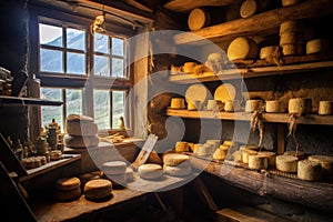 cheese wheels aging on wooden shelves in a mountain hut