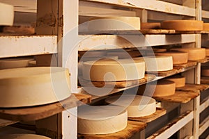 Cheese wheels maturing on shelves