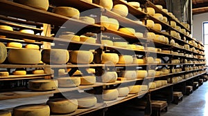 cheese wheels stacked on shelves at a creamery