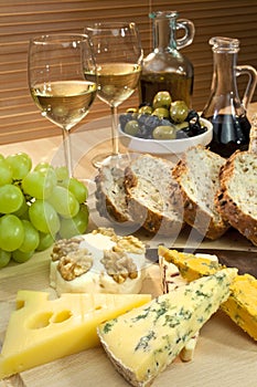 Cheese, White Wine, Grapes, Olives, Bread