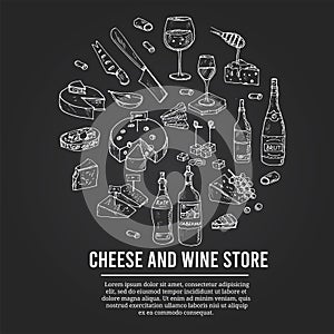 Cheese and wine store Vector set with food and drink hand drawn doodles.