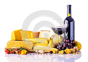 Cheese and Wine on White Background