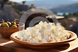 Cheese on a wooden table on the background of mountains