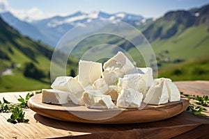 Cheese on a wooden table on the background of mountains