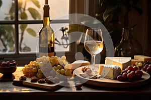 Cheeseboard with assorted cheese, grape near wineglass with white wine on table near window