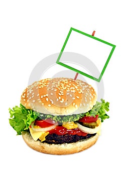 A cheeseburger with copy space blank sign