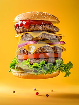 cheeseburger, floating and isolated on a yellow background