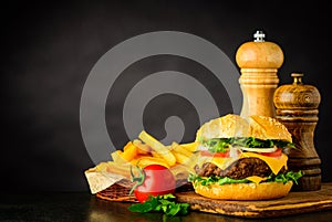 Cheeseburger with French Fries and Copy Space