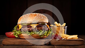 Cheeseburger with french fries. Generative Ai