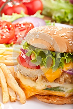 Cheeseburger with fries and ingredients