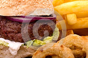 Cheeseburger, Fries and Onion Rings