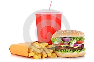 Cheeseburger hamburger and fries menu meal combo drink isolated