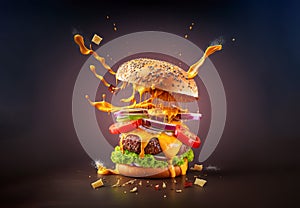 Cheeseburger ingredients falling down one by one, assembling burger, Generative AI