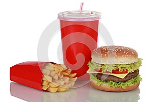 Cheeseburger meal with french fries and cola, isolated