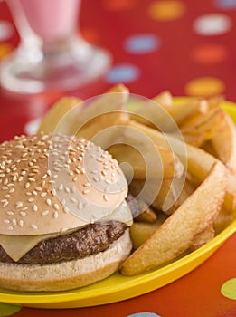 Cheeseburger in a Sesame Seed Bun with Chips