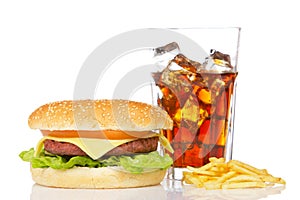 Cheeseburger, soda and french fries