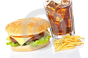 Cheeseburger, soda and french fries