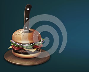 Cheeseburger stabbed with a knife on round wooden plate. Vector illustration on background with space for text