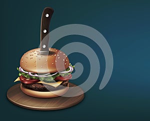 Cheeseburger stabbed with a knife on round wooden plate. Vector illustration on background with space for text photo