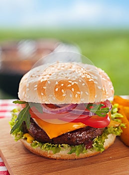 Cheeseburger on a summer picnic table