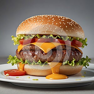 Cheeseburger with tomato slices, lettuce, cheese and beef patty on a sesame bread bun