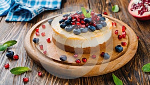 Cheesecake with blueberries and pomegranate. Generated with AI