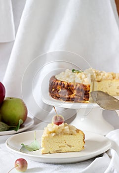 Cheesecake or casserole from cottage cheese with apples, served with apple sauce compote. Rustic style.