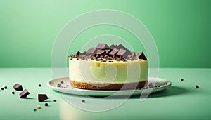 Cheesecake with chocolate on green background