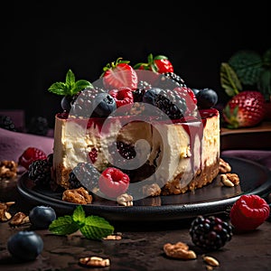 Cheesecake with fresh berries on dark background. Generative AI