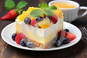 cheesecake with fruit Close up Creamy mascarpone cheese cake