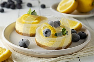 Cheesecake lemon tart cake or pie, with fresh lemon, blueberry and mint. White background, lifestyle healthy desert