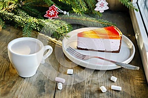 cheesecake New York slice with red jelly top. Christmas new year decorations,dessert holiday food