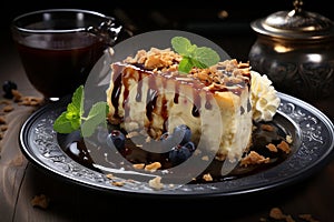 Cheesecake on a plate. Cake decorated with berries on a wooden table, cups and kitchen utensils in the background. AI