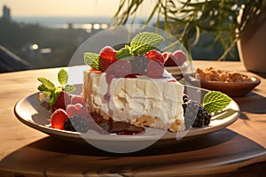 Cheesecake on a plate. Cake decorated with berries on a wooden table, cups and kitchen utensils in the background. AI