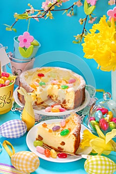 Cheesecake with raisins on easter table