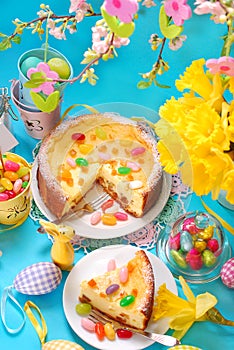 Cheesecake with raisins on easter table