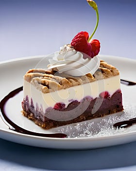 Cheesecake with raspberries and cherry on a white plate.