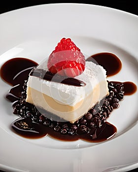 cheesecake with raspberries and chocolate on a white plate.