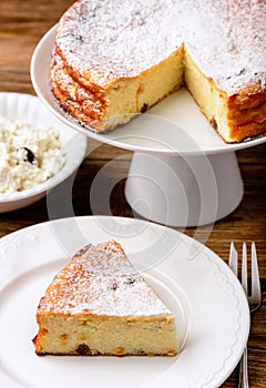 Cheesecake slice on wooden background.