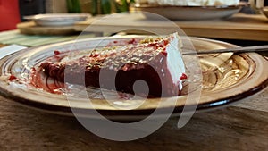 Cheesecake slice on the wooden table. Close-up photo of fruit torte.