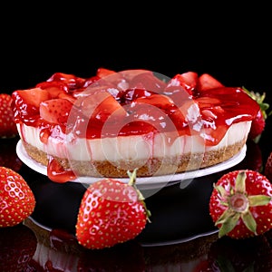 Cheesecake with strawberry and fresh berries on black background