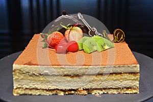 Cheesecake with Strawberry and kiwi fruit in hotel buffet line