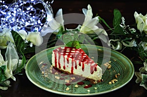 Cheesecake with strawberry sauce