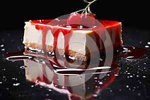 Cheesecake topped with red syrup, generative ai