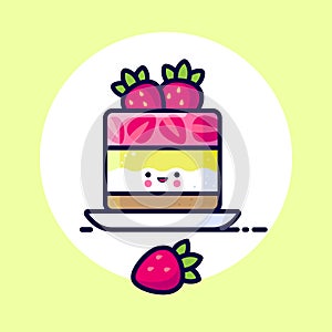 Cheesecake with whipped cream, jelly, strawberry slices and whole strawberry. Yummy dessert Icon. Cute kawaii illustration.